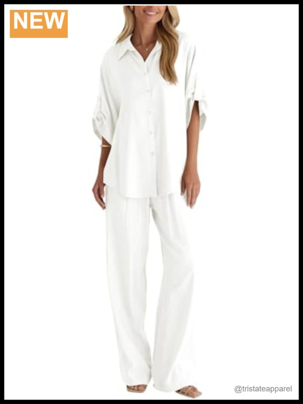 Women's 2 Piece Cotton Button Up Suit & Wide Leg Pant Set, Business Casual